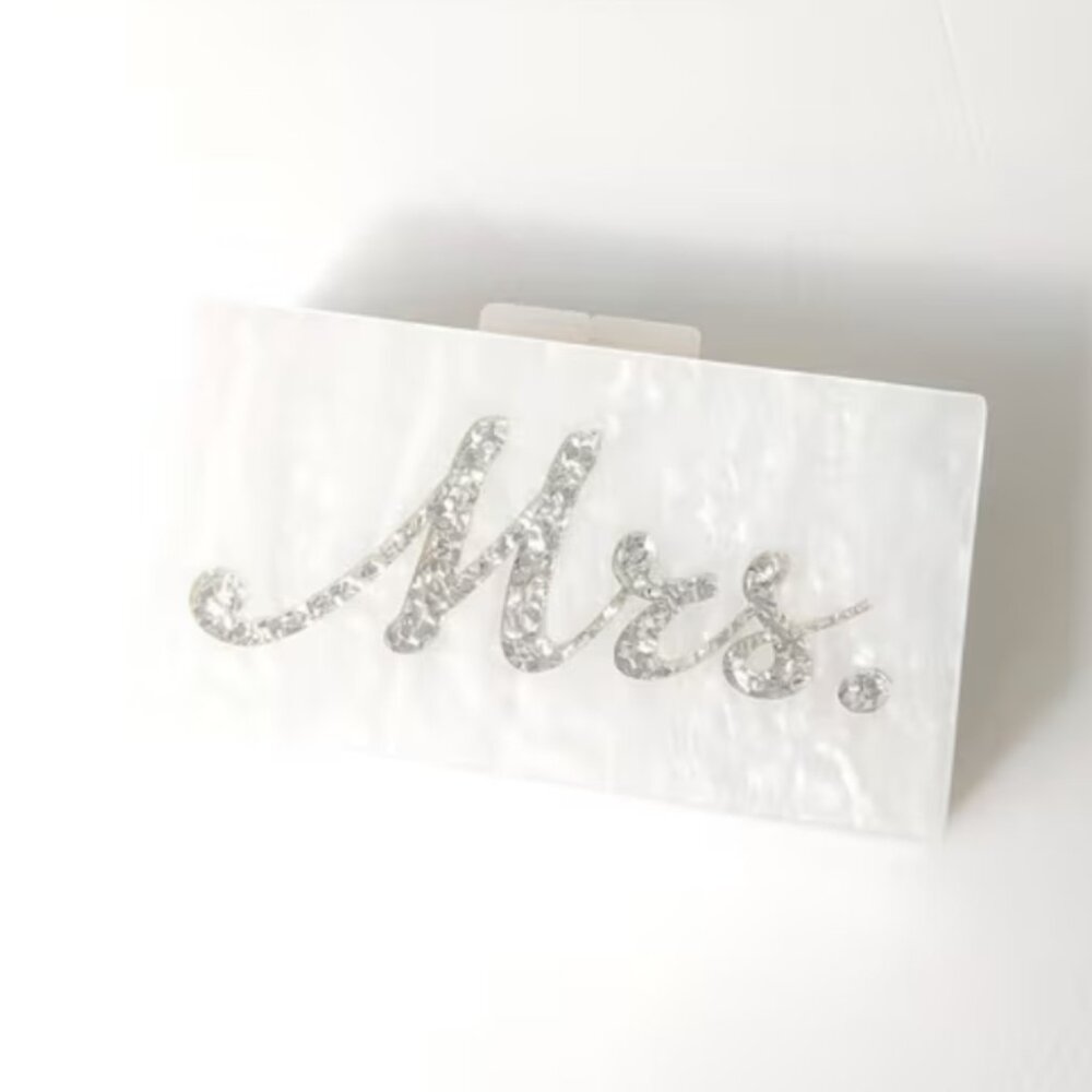 White Pearl Acrylic “Mrs.” Clutch • Bridal Box Bag with Silver Glitter Script